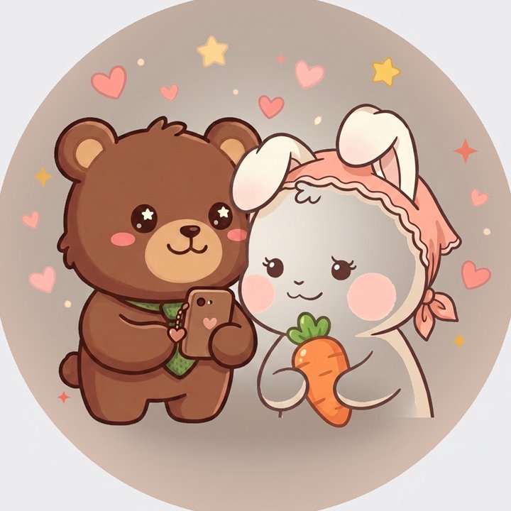 棕色小熊拿着手机,戴粉色头巾的小兔抱着胡萝卜,两个靠在一起
